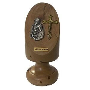 Bethlehem Olive Wood Religious Figurine Mary Jesus Desk Mantle Cross Unique VTG